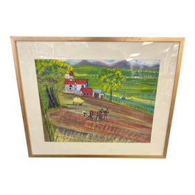 Pastel Painting Farm Scene with Horses
