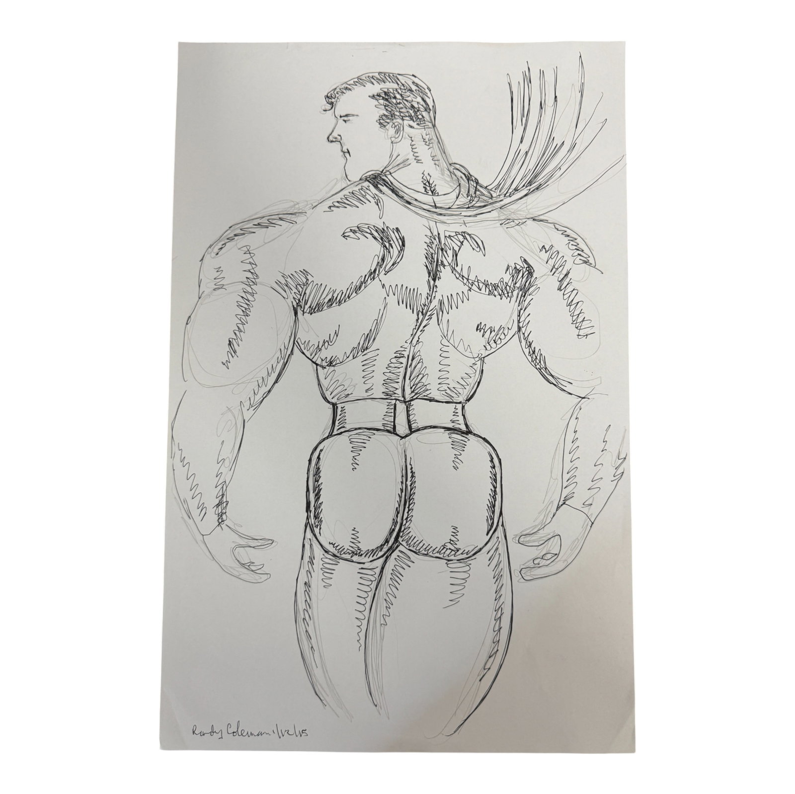 Vintage Randy Coleman Dated Gay Male Interest Original Drawing Illustration Art 11" x 17": Original pen drawing by Randy Coleman dated 1/13/15. Depicts a muscular male figure with exaggerated proportions. Signed and dated. Strong graphic lines and bold figurative style. Vintage Randy Colema