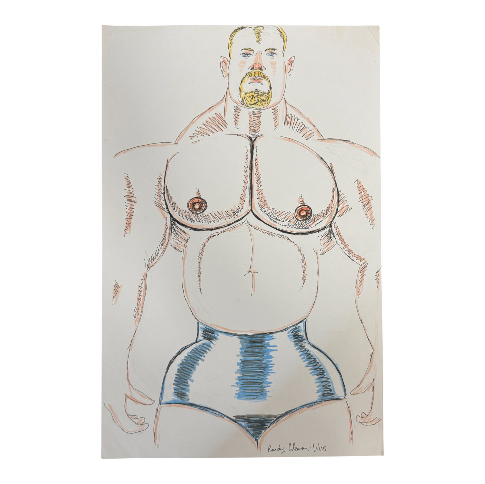 Vintage Randy Coleman Dated Gay Male Interest Original Drawing Illustration Art 11" x 17": Original pen drawing by Randy Coleman dated 1/13/15. Depicts a muscular male figure with exaggerated proportions. Signed and dated. Strong graphic lines and bold figurative style. Vintage Randy Colema