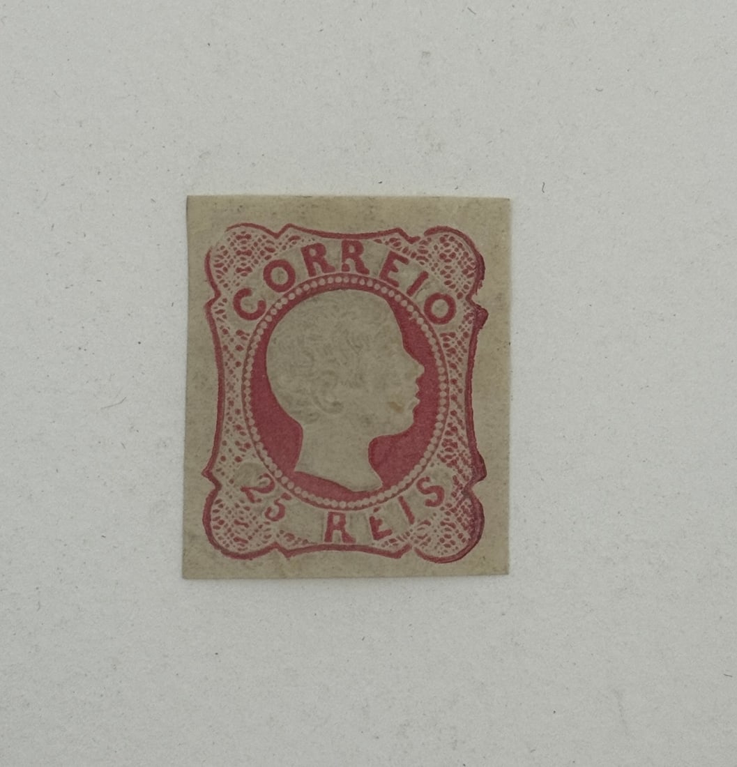 Brazil 25 Reis Red Stamp: Antique Brazil 25 Reis red stamp, featuring classic profile design, early issue. Mounted single. Condition as shown.