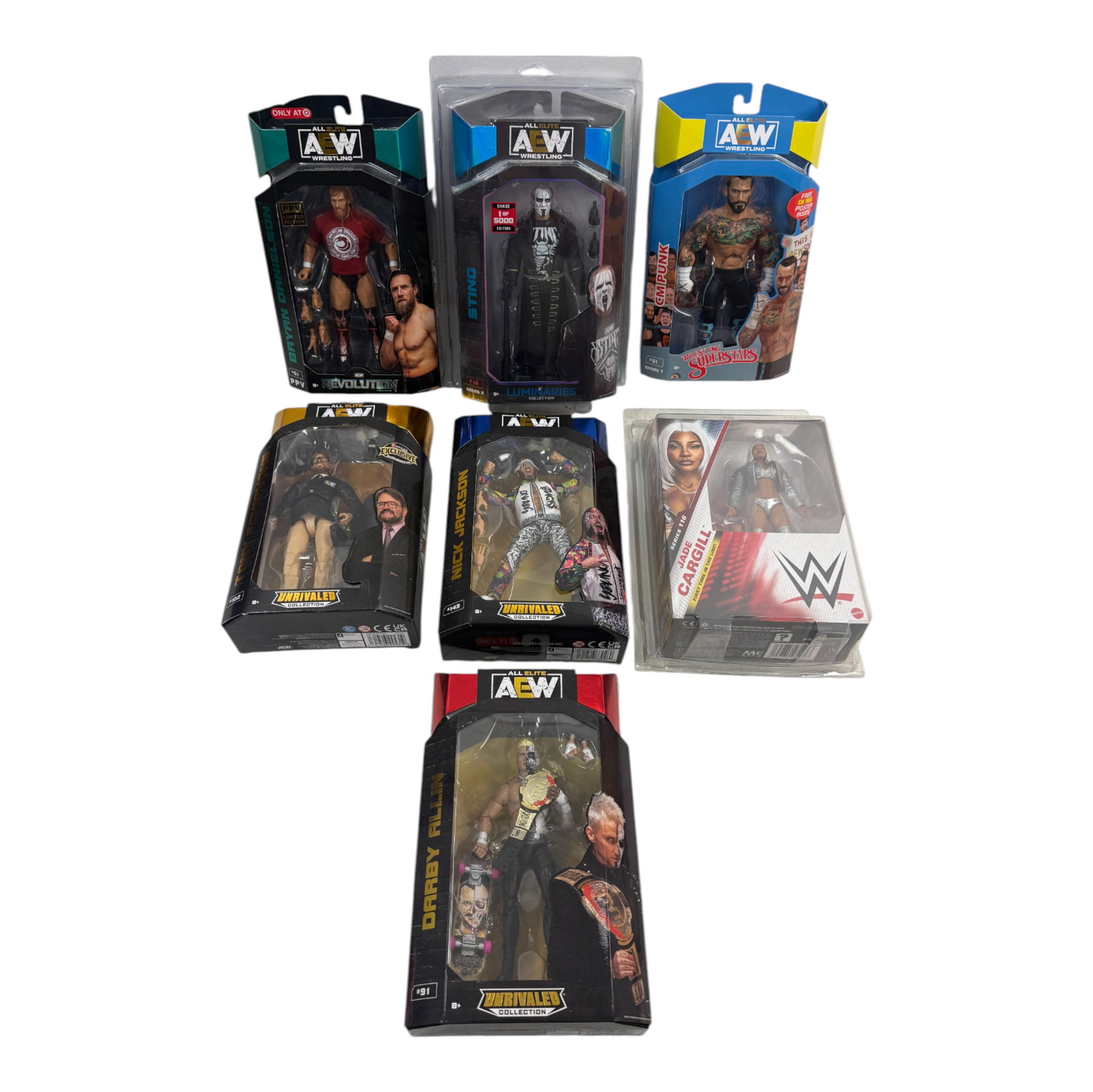 AEW Wrestling Unrivaled & Elite Figures Lot of 7: AEW wrestling Unrivaled & Elite figure lot of 7 including Sting, CM Punk, Nick Jackson, Darby Allin, Jade Cargill, and more. Collector-grade packaging.