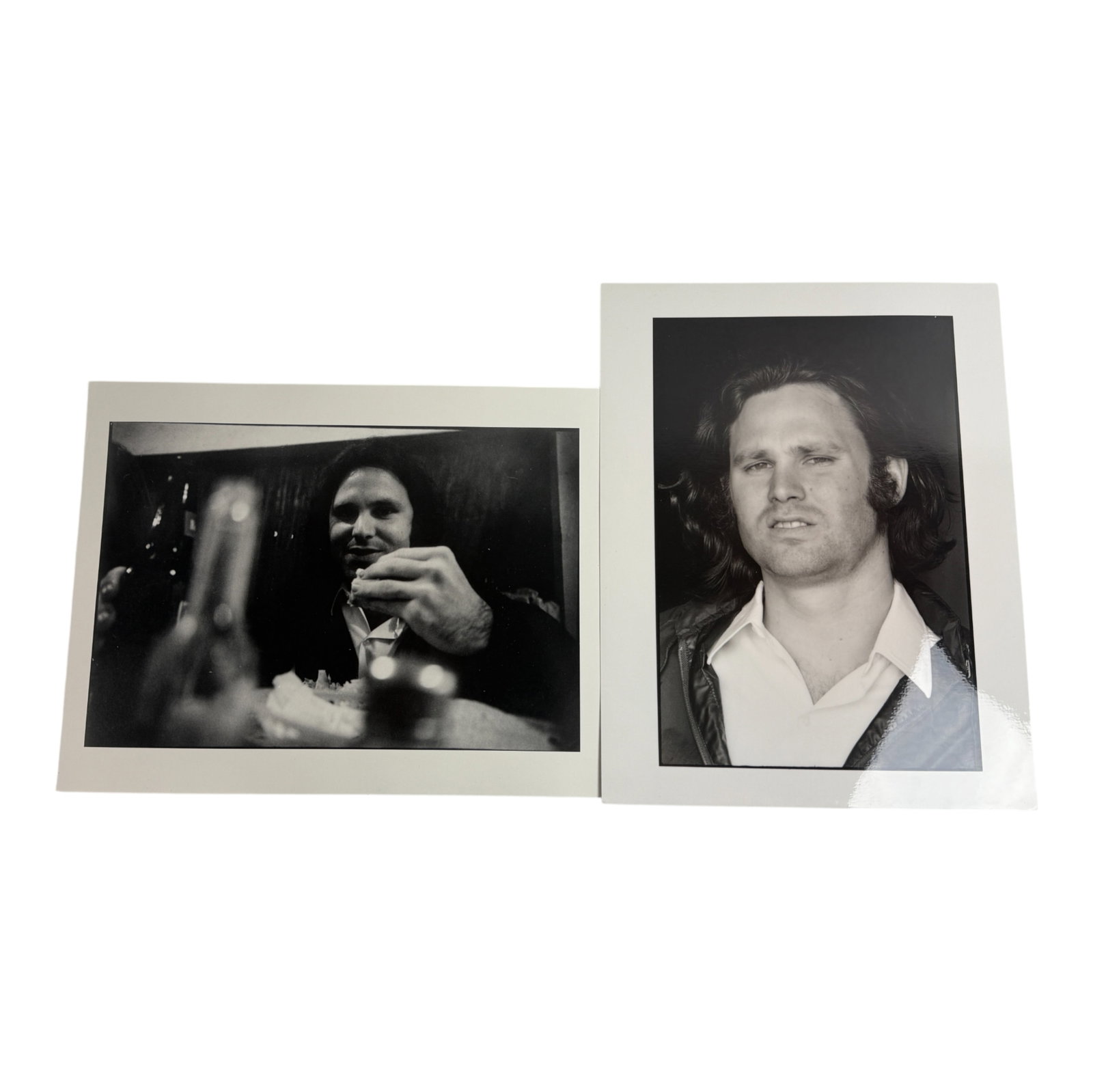 Jim Morrison Vintage Photos Lot: Lot of two black and white vintage photographs of Jim Morrison, lead singer of The Doors. Includes candid dining photo and portrait shot. Excellent collectibles for classic rock enthusiasts.