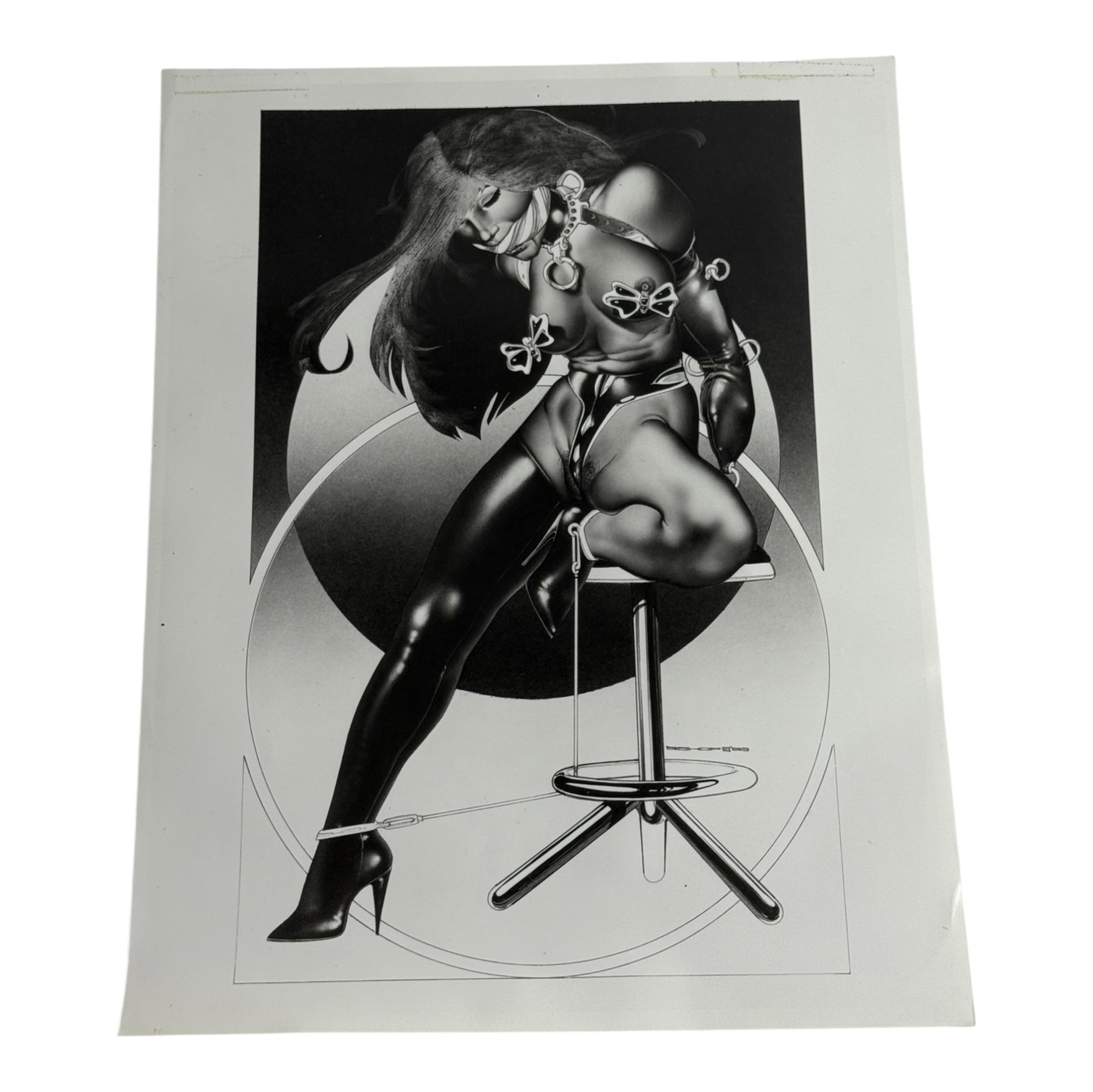 Erotic Surrealist Artwork Print: Black and white surrealist erotic artwork print, depicting stylized female form in bondage-style imagery. Signed by artist. Collectible for fans of graphic illustration art.