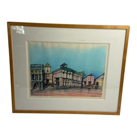 Framed Architectural Cityscape Drawing Signed by STANLEY FELDERMAN