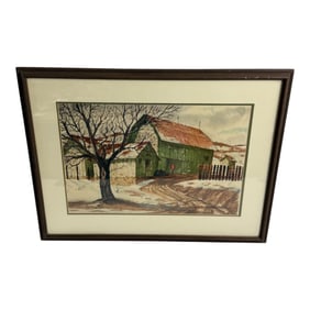 Framed Winter Barn Scene Watercolor
