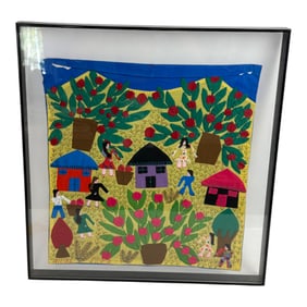 Framed Folk Textile Artwork Village Scene