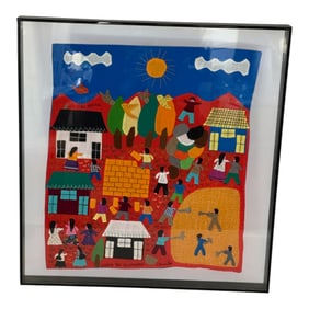 Framed Mexican Folk Textile Market Scene