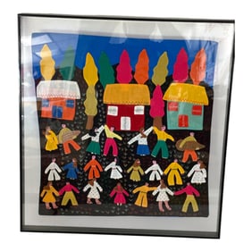 Framed Textile Artwork Group Dance Scene