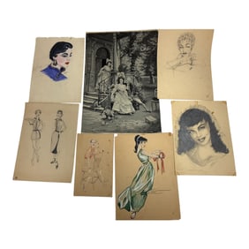 Collection of Vintage Female Portrait Drawings