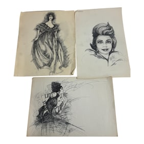 Set of 3 Signed Fashion & Portrait Drawings