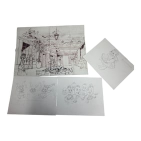 Group of Animation Drawings and Background Layouts