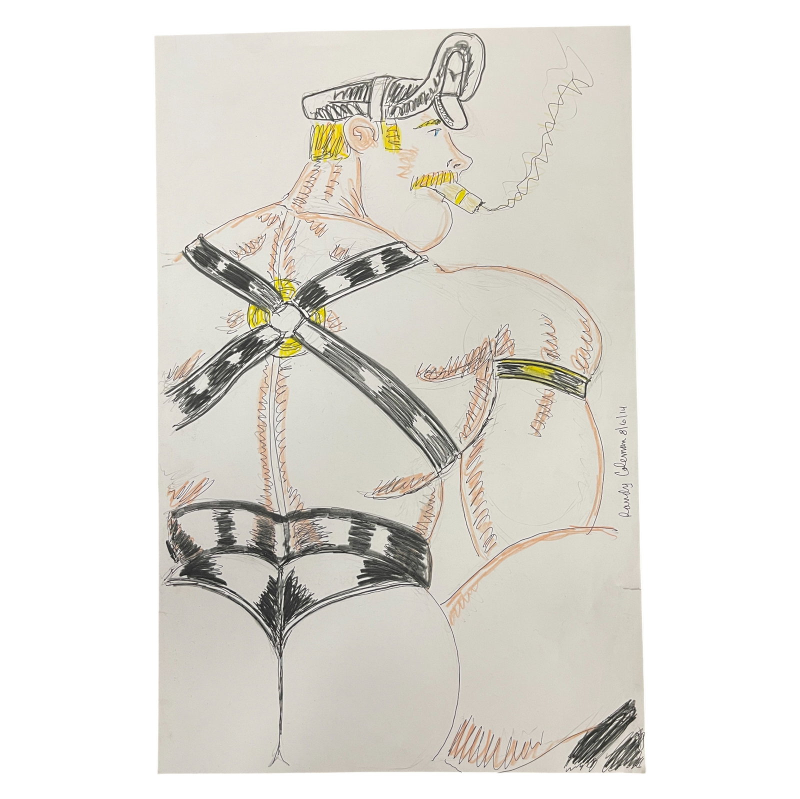 Randy Coleman Male Figure Drawing with Cigarette: Original artwork by Randy Coleman dated 8/14/14. Depicts a muscular male figure wearing leather straps, a helmet, and smoking a cigarette. Executed in ink and colored pencil, this expressive drawing h