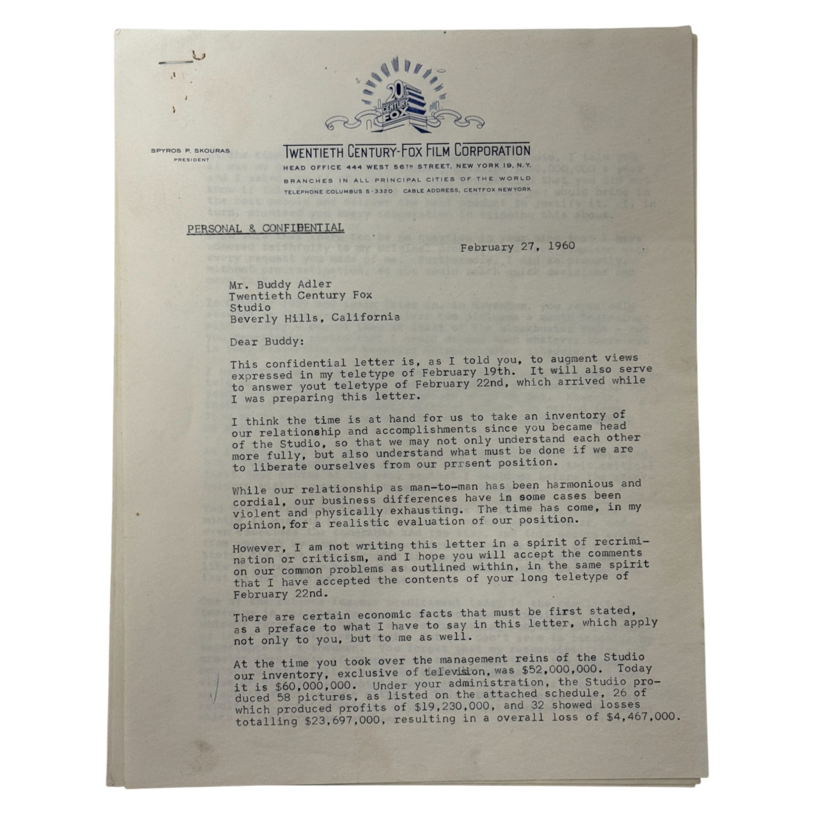 Vintage 1960 Twentieth Century Fox Confidential Letter (1 of 7)