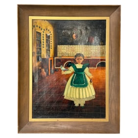 Vintage Framed Oil Painting of Young Girl with Bird