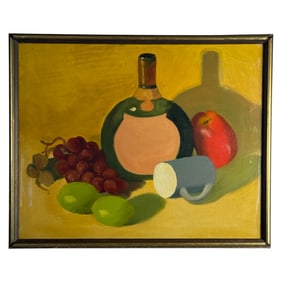 Vintage Still Life Oil Painting with Fruit & Bottle