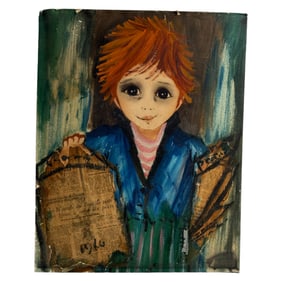 Whimsical Painting of Red Haired Child with Newspapers