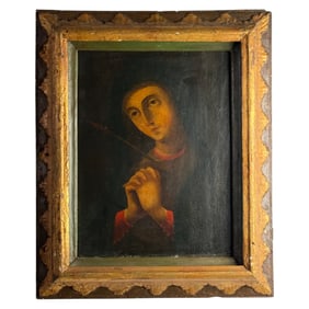 Antique Religious Icon Painting of Saint with Gilded Frame
