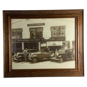 Vintage Framed Photograph of Maggini Motor Car Co. with Classic Cars