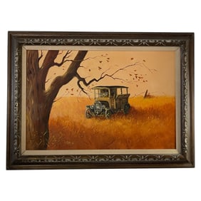 Vintage Oil Painting of Early Automobile in Autumn Scene