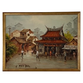 Vintage Asian Village Scene Oil Painting