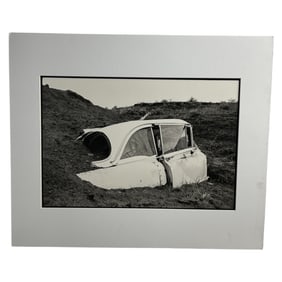 Framed Black & White Photograph of Buried Car
