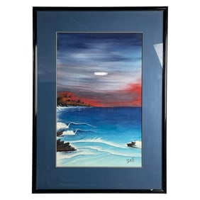 Framed Seascape Painting with Red Sunset