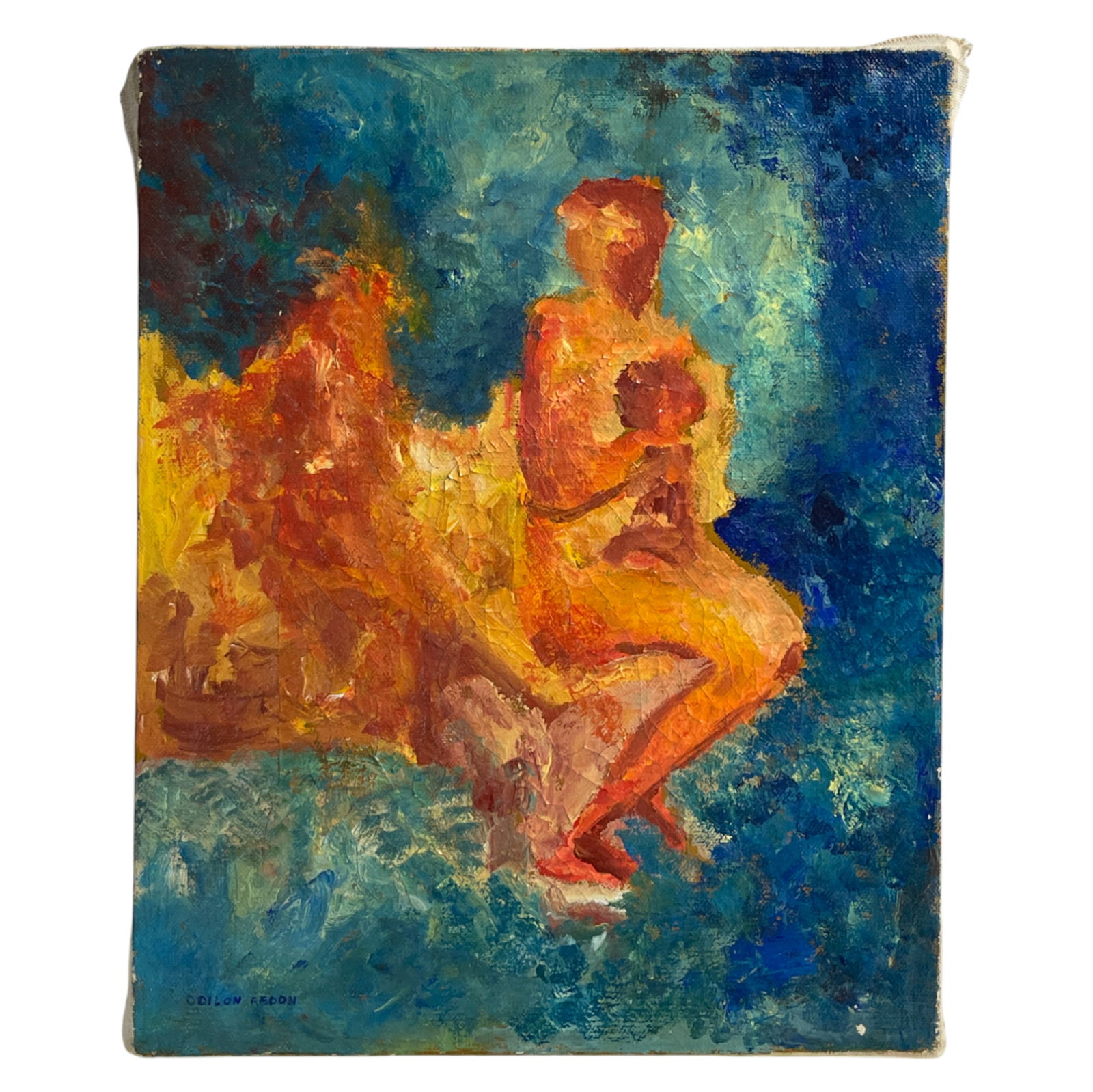 Attributed Odilon Redon Abstract Oil Painting of Nude Mother & Child: Odilon Redon Abstract oil painting on canvas showing nude mother and child in expressive warm tones against blue background. Signed lower left. 13" x 16" inches Private collector item. Odilon Redon wa