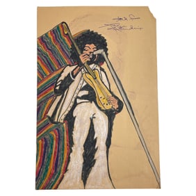 Color Drawing of Musician Jimi Hendrix Holding Guitar Signed