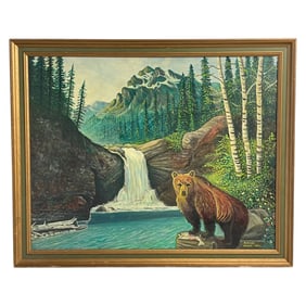 Vintage Oil Painting of Bear and Waterfall Scene
