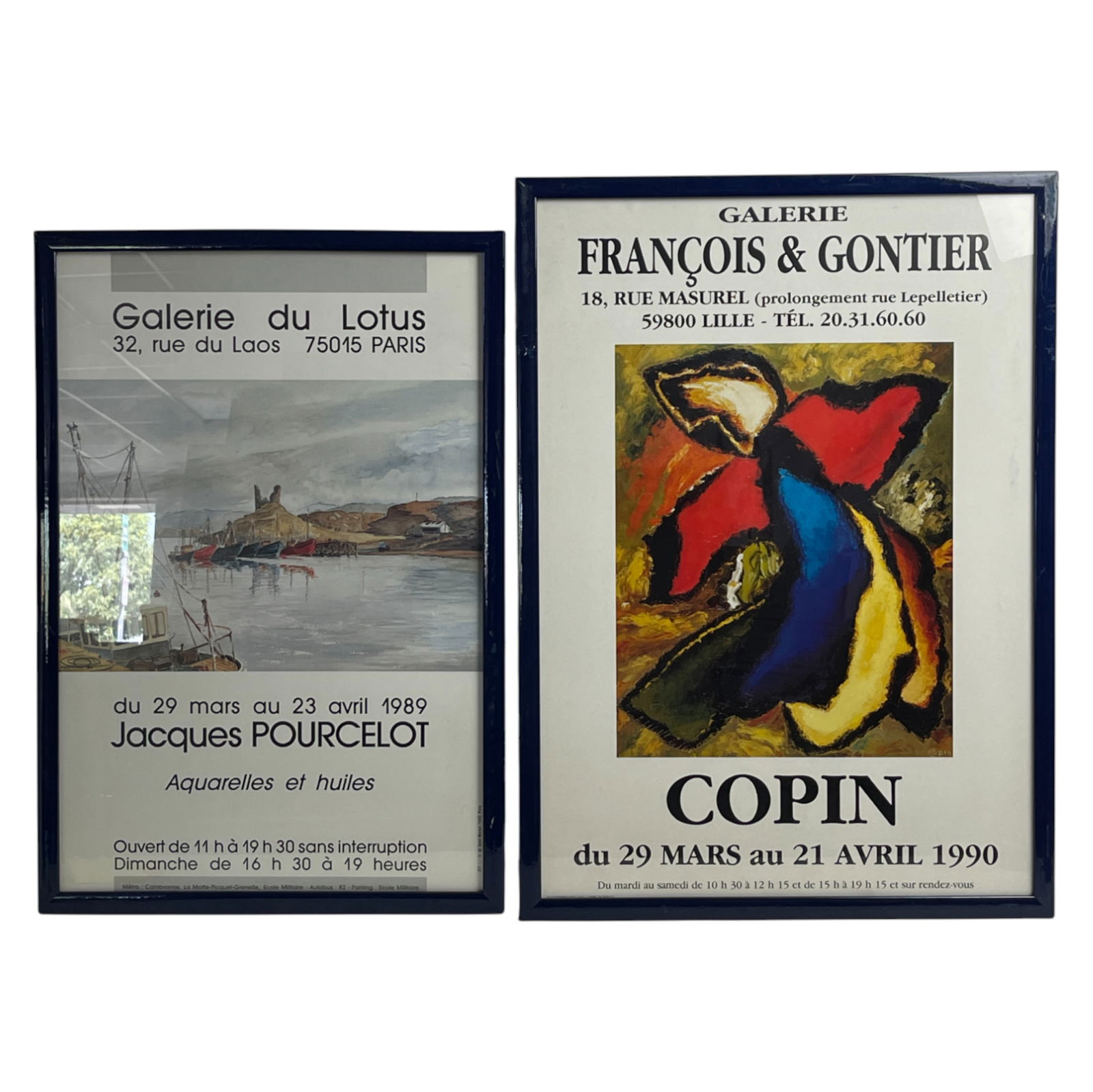 Pair of French Exhibition Posters by Pourcelot & Copin: Pair of framed French exhibition posters: Jacques Pourcelot at Galerie du Lotus (1989) and Copin at Galerie François & Gontier (1990). Collectible gallery posters. Private collector item.