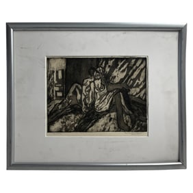 Framed Black & White Expressionist Print of Seated Figures