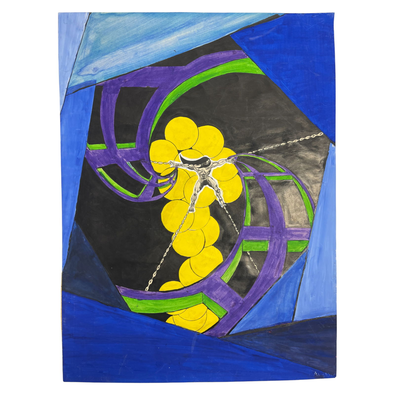 Colorful Geometric Abstract Painting with Figure: Colorful modern abstract with strong geometric shapes in blue, purple, green, and yellow, featuring a central human figure with chains. Private collector item, vintage estate collectible.