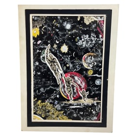 Vintage Painting Cosmic Space Scene with Figures Signed