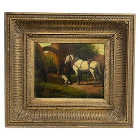 Framed Oil Painting of Horses and Dog
