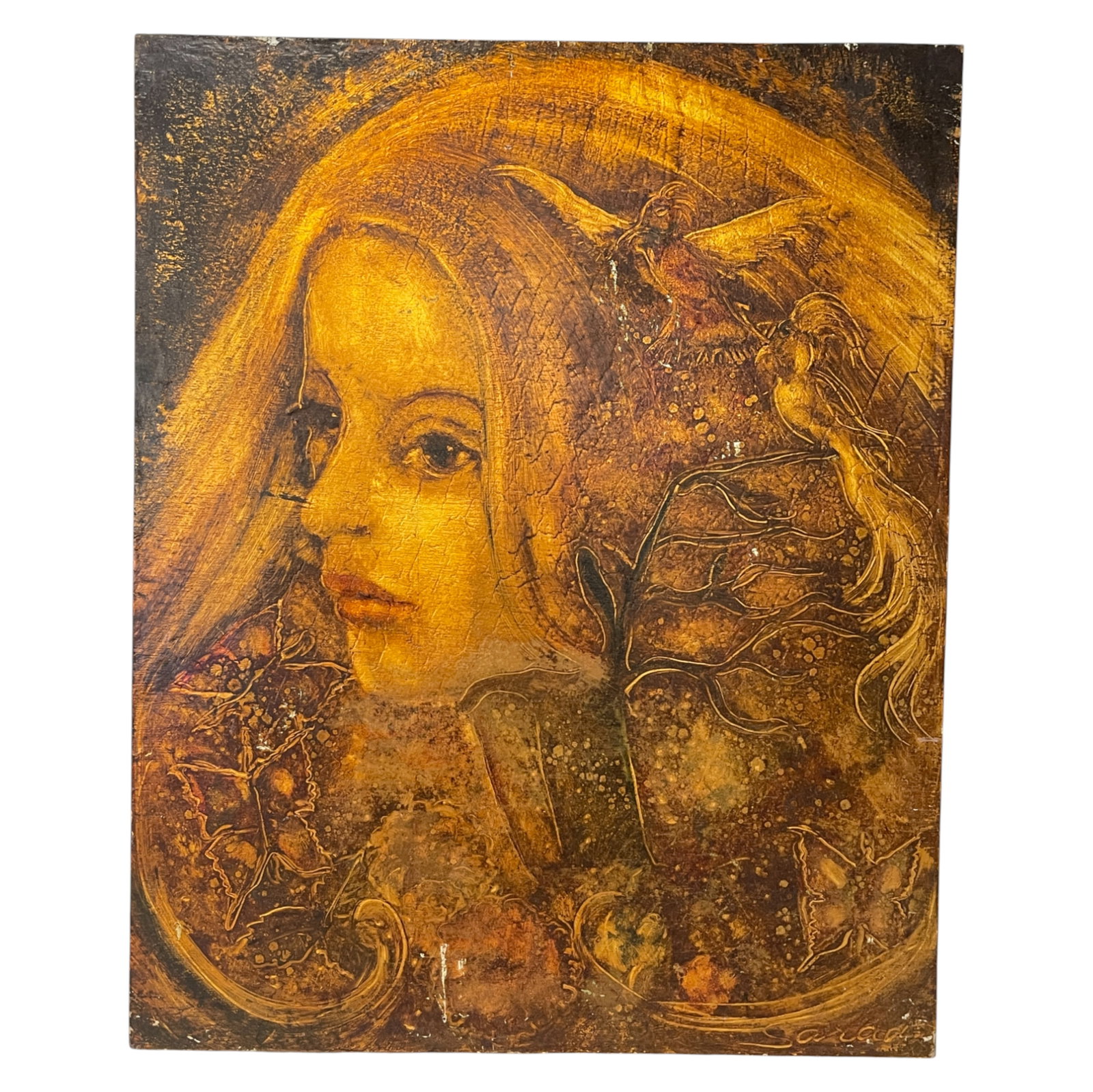 Surreal Female Portrait with Birds: Surreal portrait painting of a young woman with long flowing hair, birds, and nature-inspired elements, signed lower right. Private collector item, vintage estate collectible.