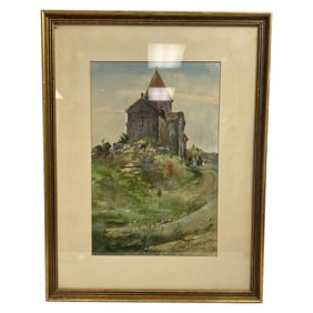 Framed Watercolor Church Landscape