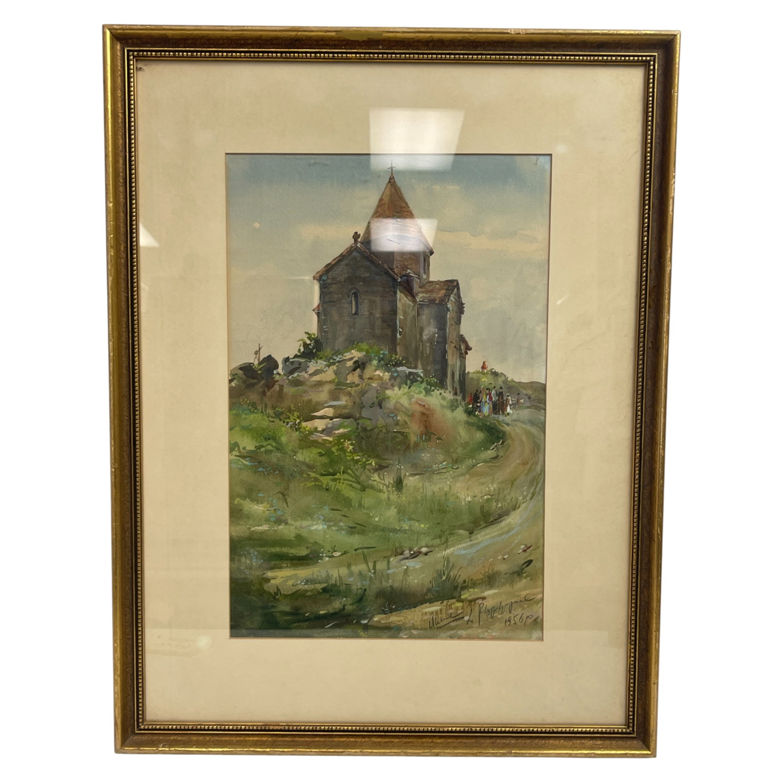 Framed Watercolor Church Landscape: Framed watercolor painting depicting a countryside church on a hill with figures on the path, signed and dated 1869. Private collector item, vintage estate collectible.