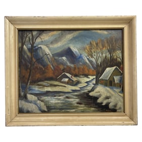 Vintage Winter Cabin Landscape Oil Painting