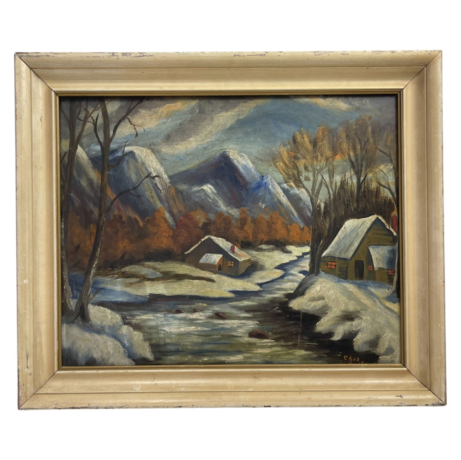 Vintage Winter Cabin Landscape Oil Painting (1 of 5)