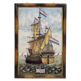 Vintage painting Framed Dutch Ship Tile Art
