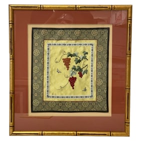 Framed Textile Art with Grapes and Butterflies