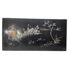 Asian Lacquer Panel with Inlaid Mother of Pearl