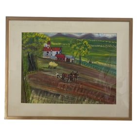 Framed Folk Art Farm Scene with Horses