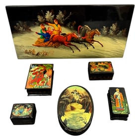 Lot of 6 Russian Hand-Painted Lacquer Boxes