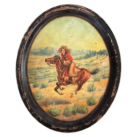 Antique Framed Lithograph of Cowgirl on Horseback