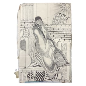 Original Pen and Ink Drawing of Wolf Behind Bars