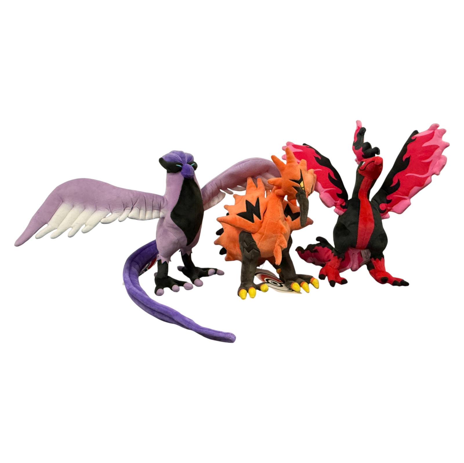 Lot of 3 Legendary Pokémon Plush Toys: Lot of three Legendary Pokémon plush toys including Moltres, Entei, and Yveltal. Private collector item, vintage estate collectible.