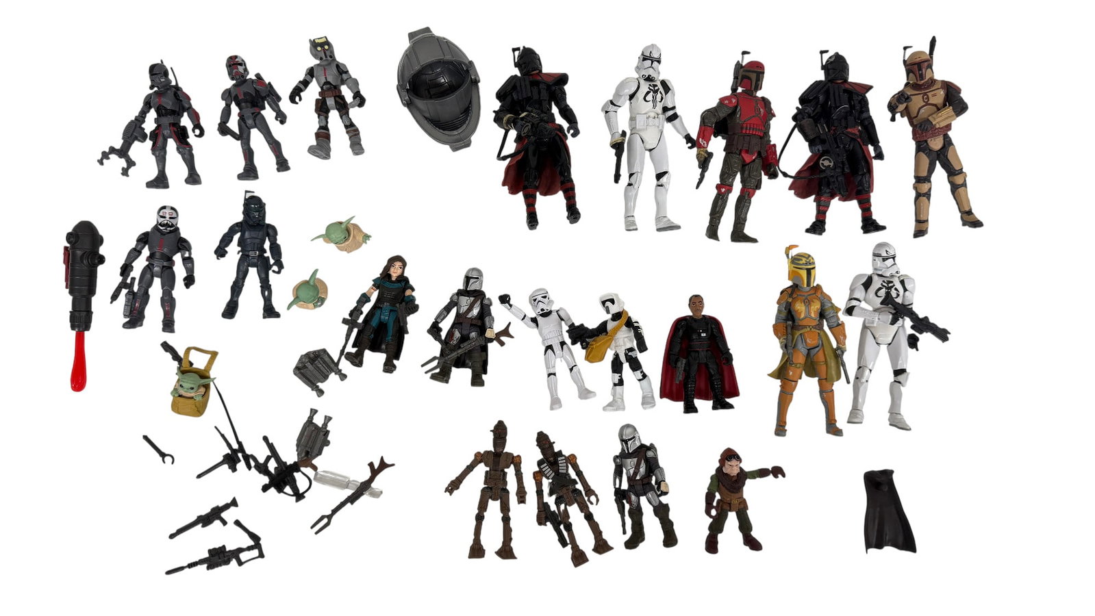 Star Wars Bad Batch & Mandalorian Figure Lot: Figures from Star Wars Bad Batch and Mandalorian series including Hunter, Crosshair, Wrecker, and other troopers.