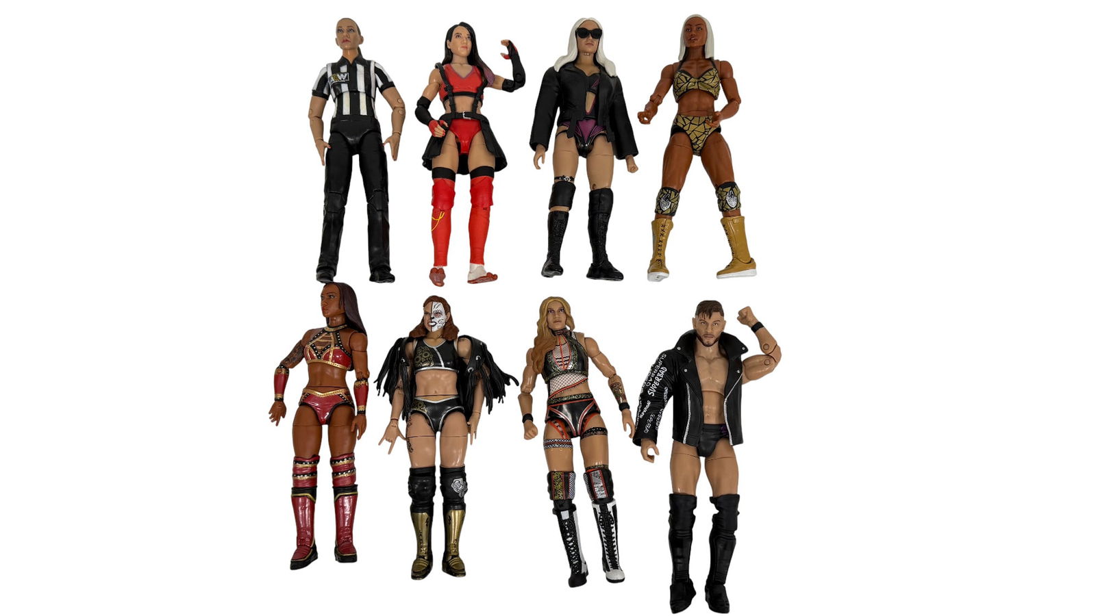 Lot of 8 WWE AEW Women’s Wrestling Figures: Lot of eight AEW women’s wrestling action figures with accessories. Private collector item, vintage estate collectible.