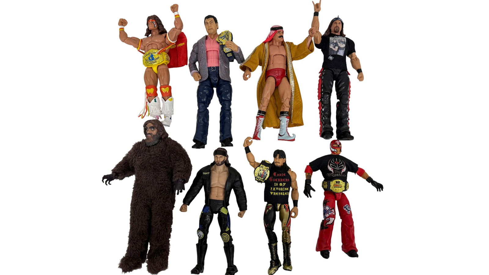 Lot of 8 WWE and AEW Wrestling Action Figures: Lot of eight WWE and AEW wrestling action figures, including championship belts. Private collector item, vintage estate collectible.